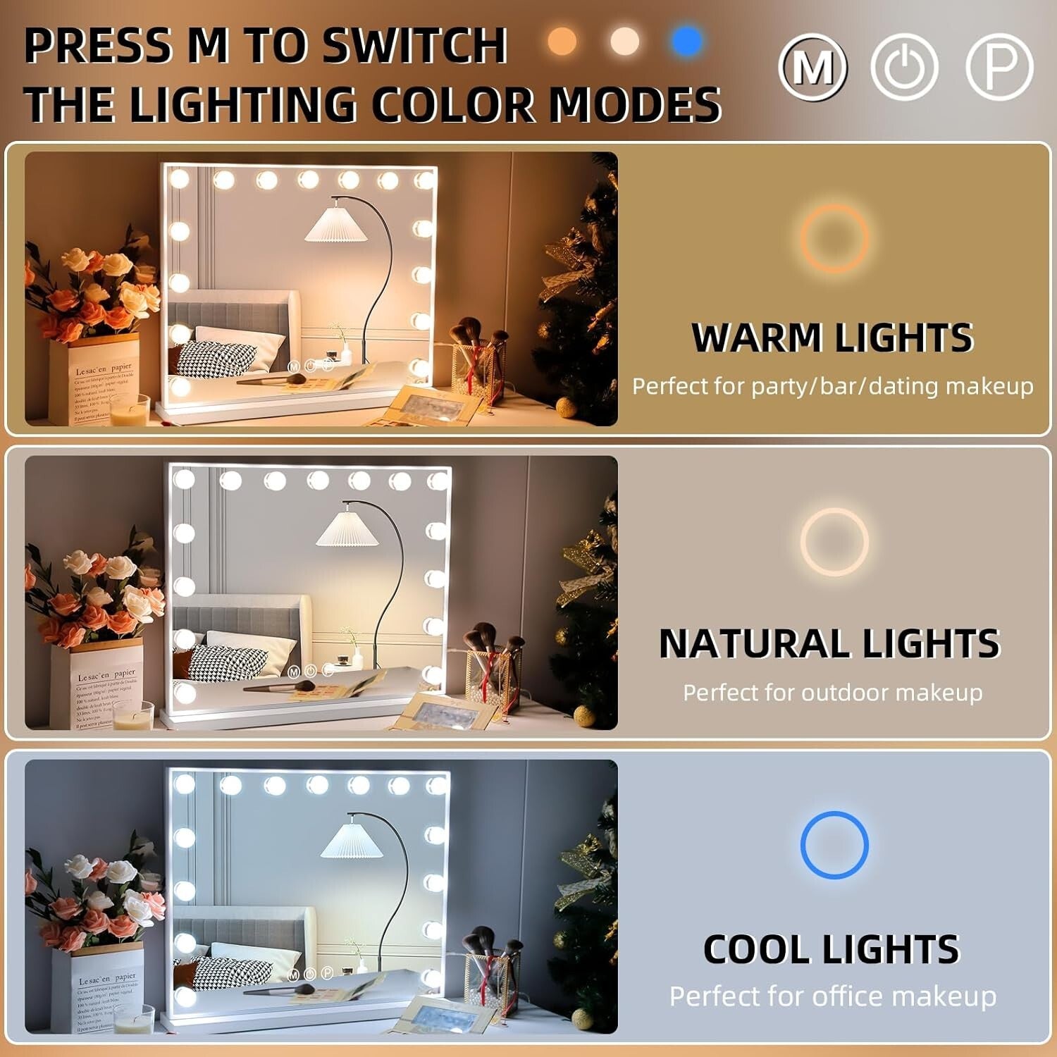 LED Lighted Makeup Mirror 22''x18'' with 10X Magnification & 3 Color Settings