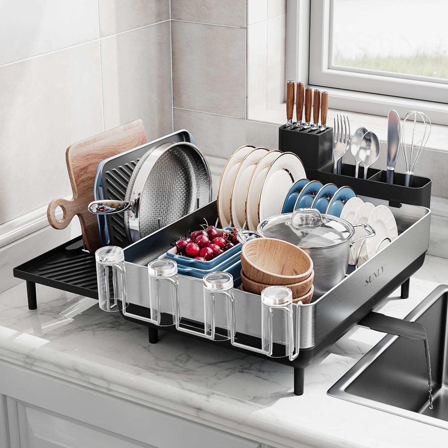 Black Expandable Dish Rack with Flip-Up Holders - 304 Stainless Steel Durability