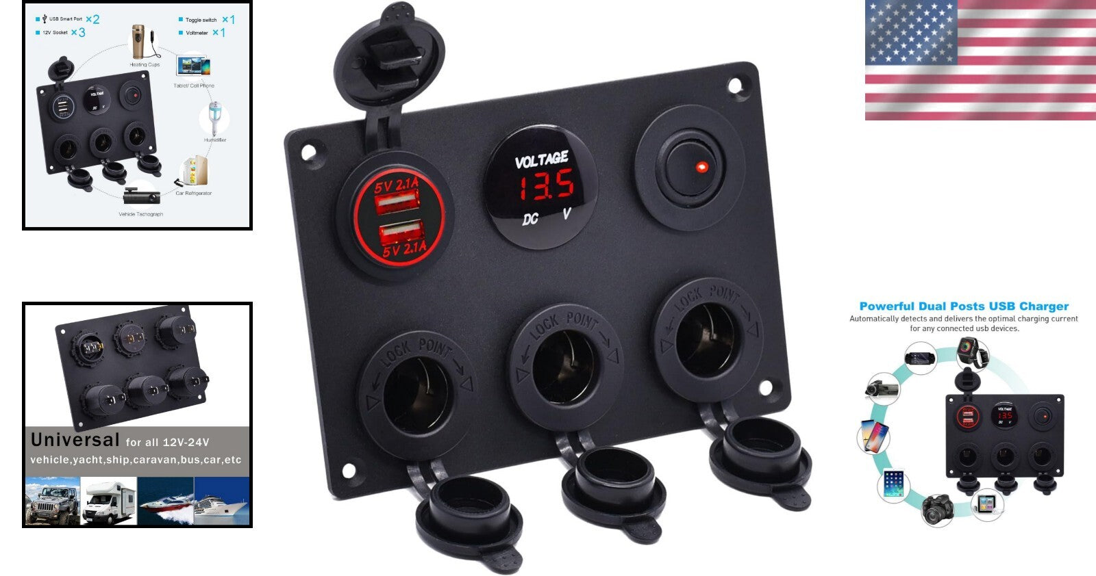 Versatile Panel Mount Dual USB Charger with 3-Way Power Outlet & Toggle Switch