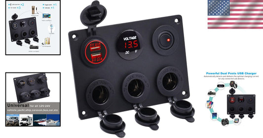 Versatile Panel Mount Dual USB Charger with 3-Way Power Outlet & Toggle Switch