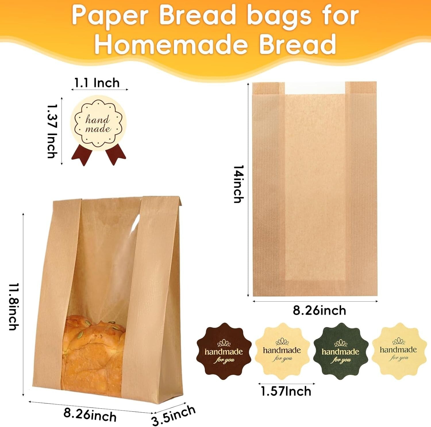 Elegant Kraft Paper Bread Bags with Window - 200 Bags & 410 Stickers Included