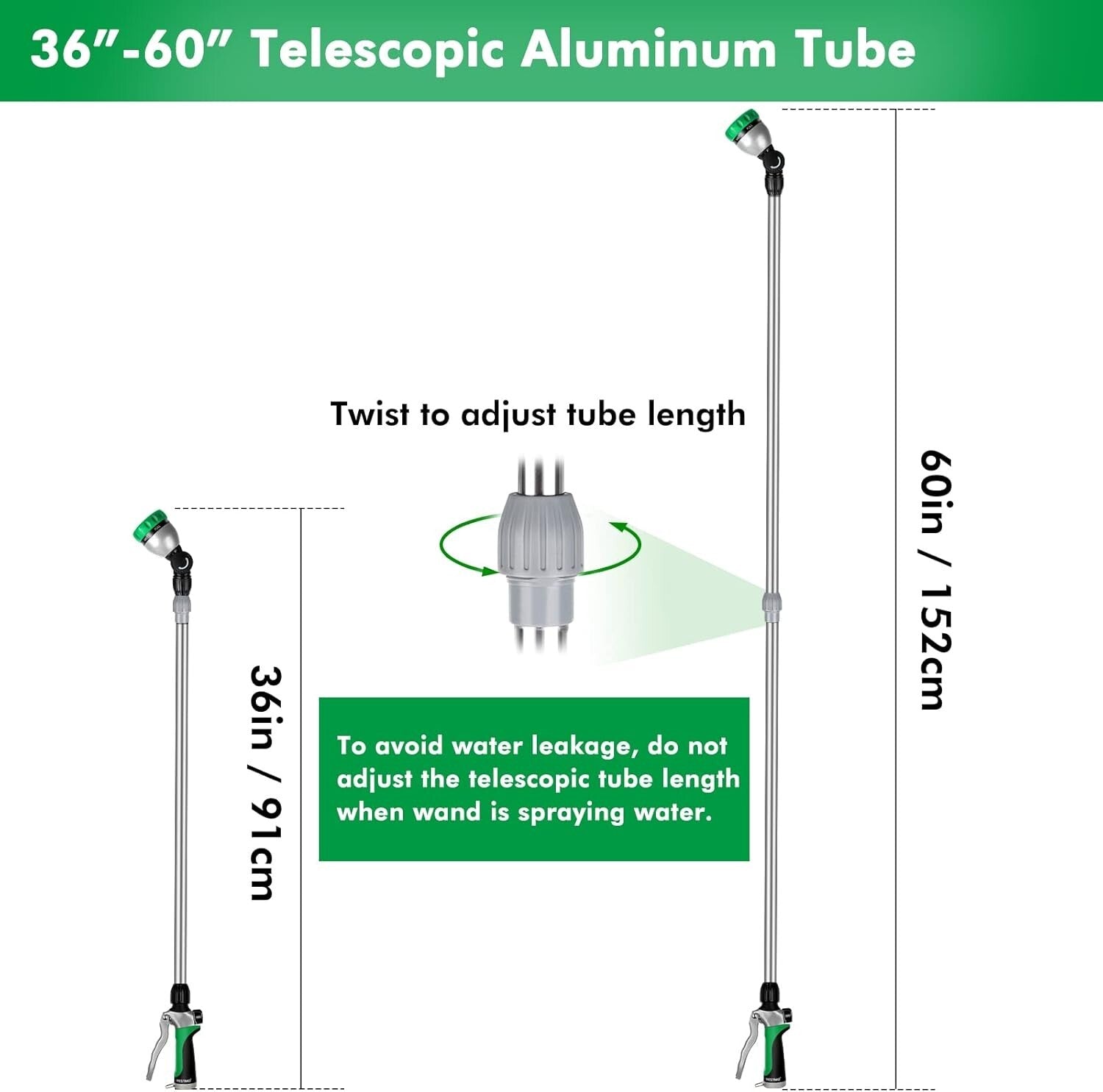 36”-60” Adjustable Metal Watering Wand with 7 Spray Patterns & Flow Control