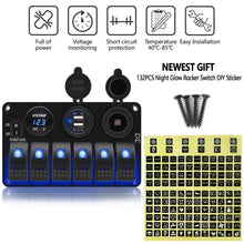 Load image into Gallery viewer, Versatile Marine Rocker Switch Panel - 6 Gang with USB, Voltmeter &amp; Power Saving