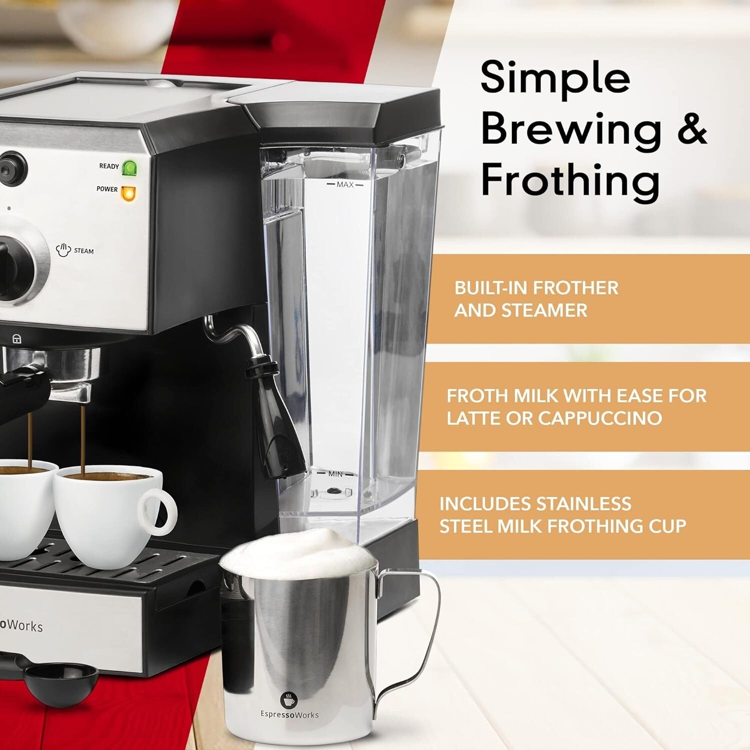 Professional Espresso Machine with Grinder & Milk Frothing Cup - 7-Piece Bundle