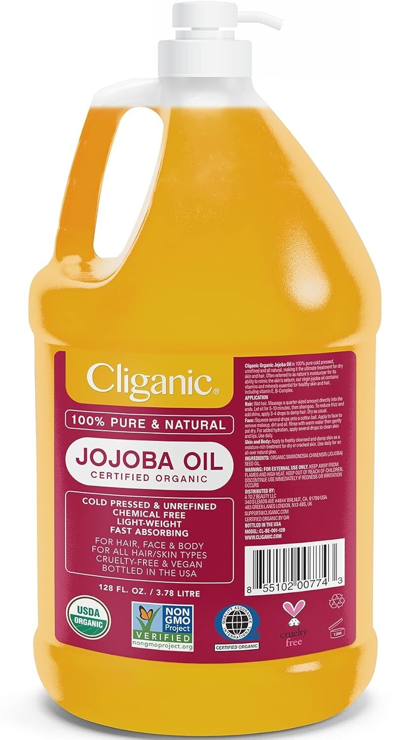 128oz Organic Jojoba Oil Pump Gallon - Hypoallergenic, Vegan Beauty Essential