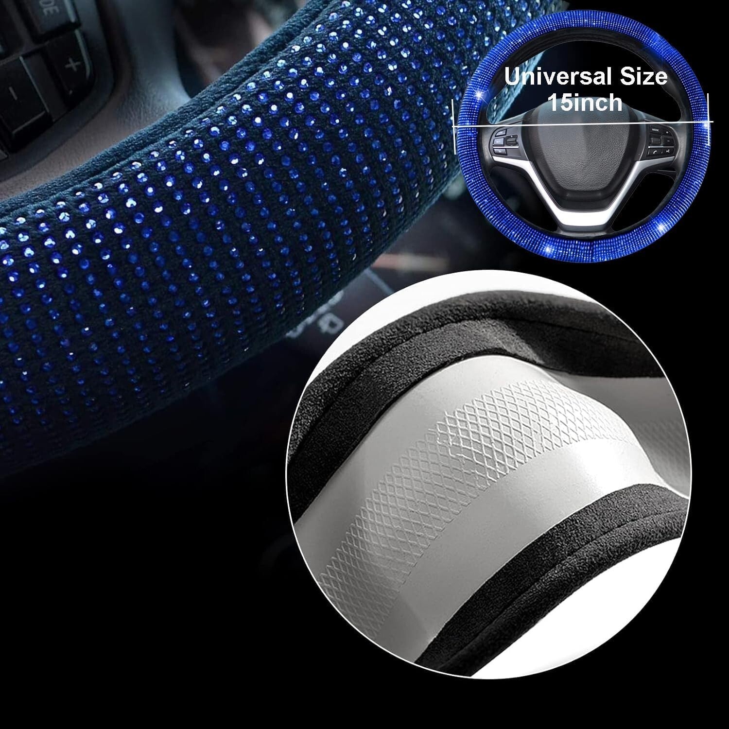 9-Piece Luxury Bling Car Accessory Set with Diamond Steering Wheel Cover