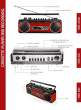 Load image into Gallery viewer, Portable Bluetooth Boombox - Retro Cassette Player, AM/FM Radio &amp; USB - Red