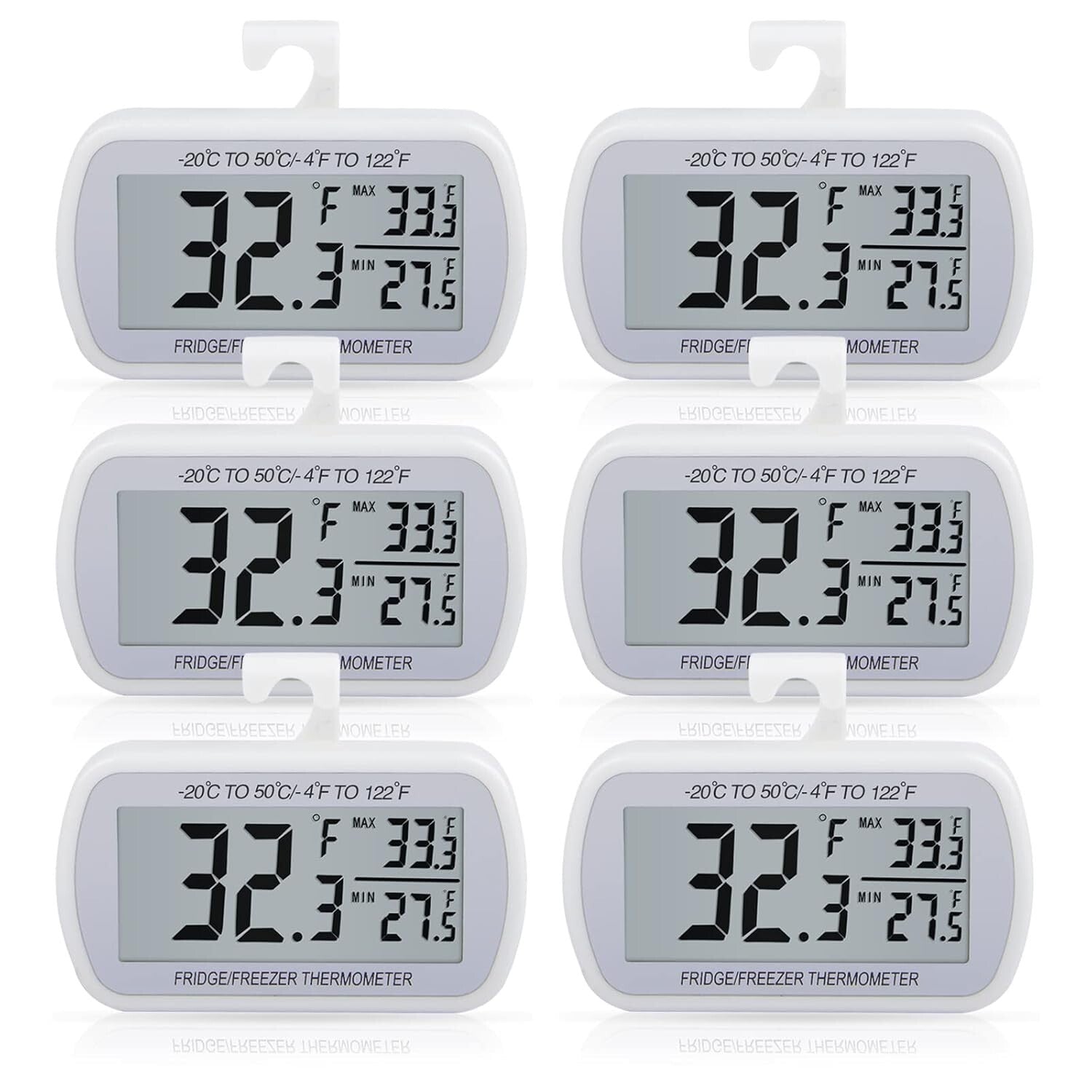 Easy Read 6-Pack Waterproof Digital Thermometers for Refrigerators & Freezers