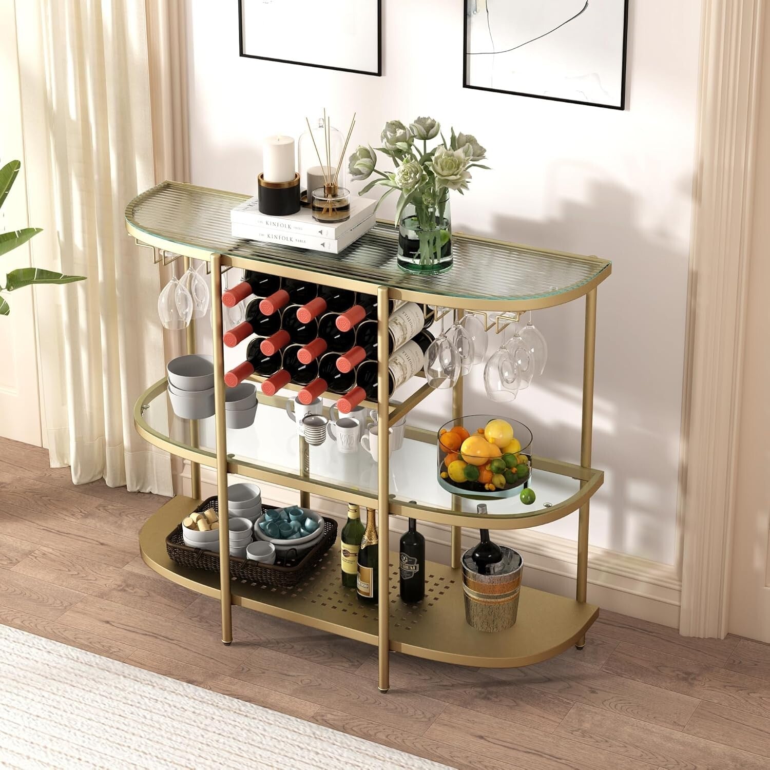 Compact Modern Gold Bar Table with 12-Bottle Wine Rack and Glass Holders