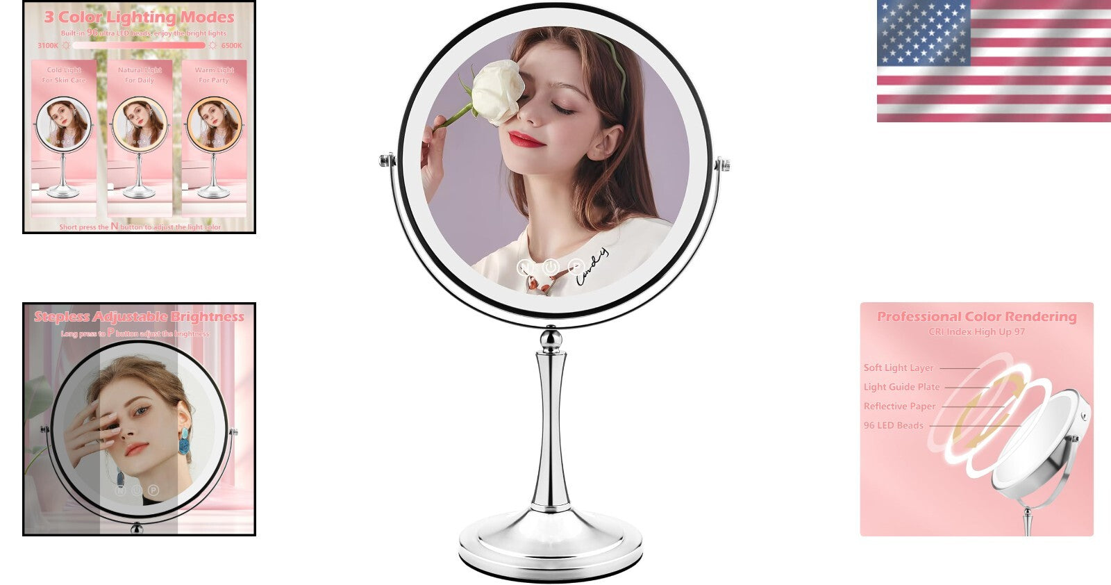 10" LED Lighted Makeup Mirror with 1X/10X Dual Magnification - Silver Elegance