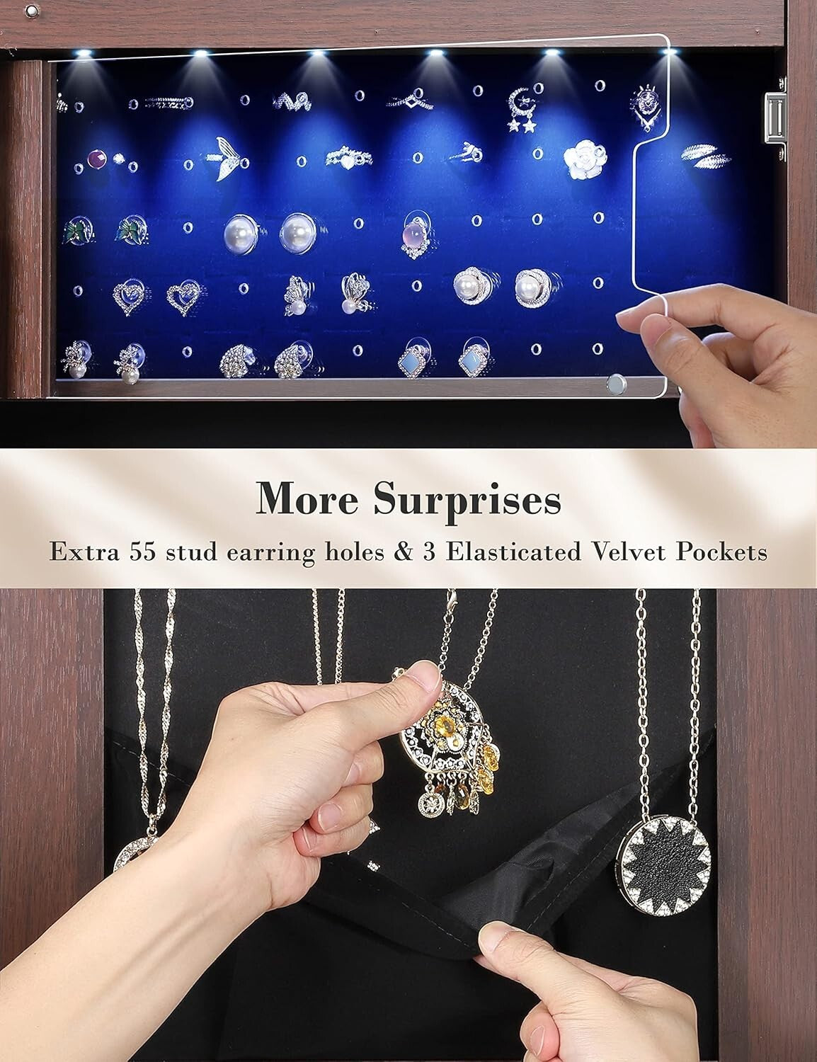 Stylish Brown LED Jewelry Organizer with Velvet Pockets - Perfect Christmas Gift