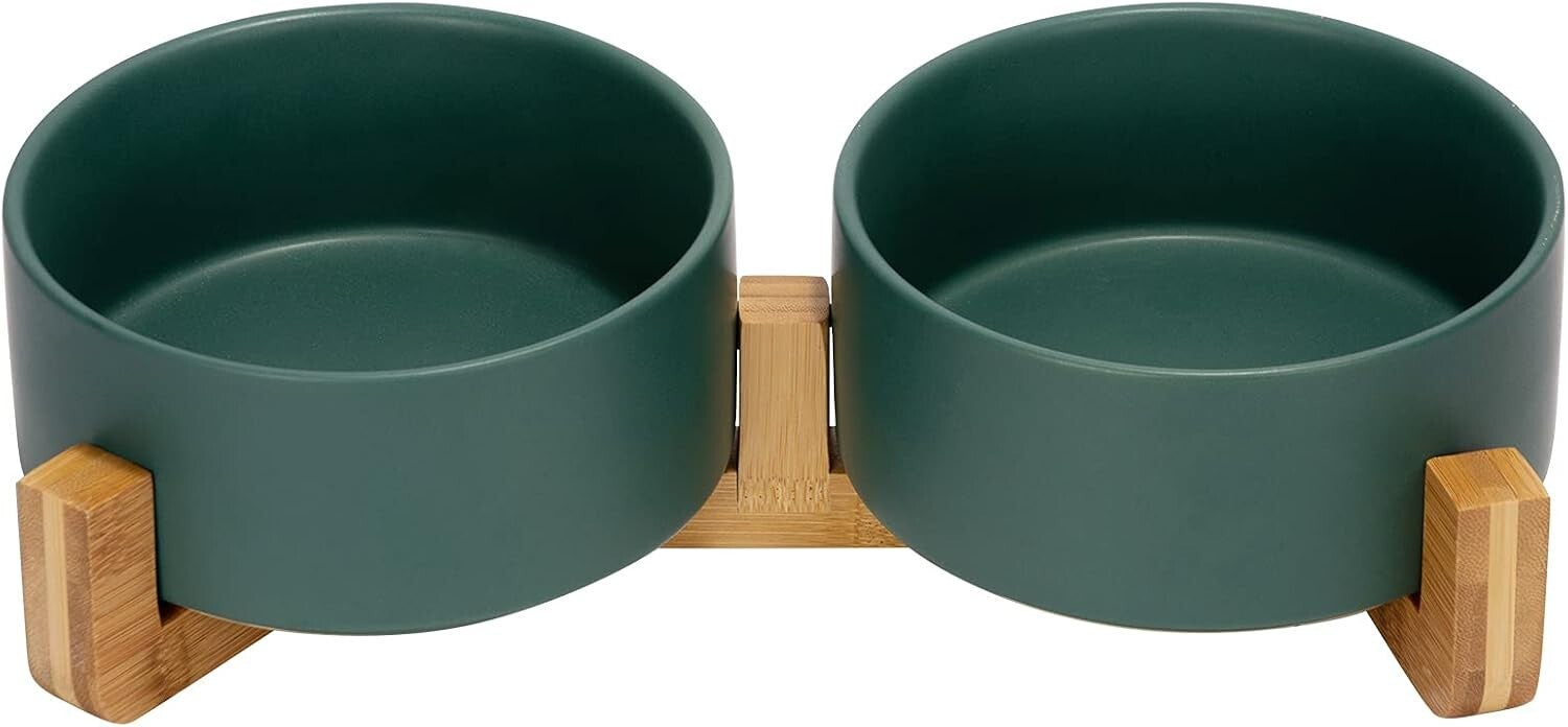 Elegant Ceramic Dog and Cat Bowl Set with Non-Slip Wooden Stand - 3.6 Cups
