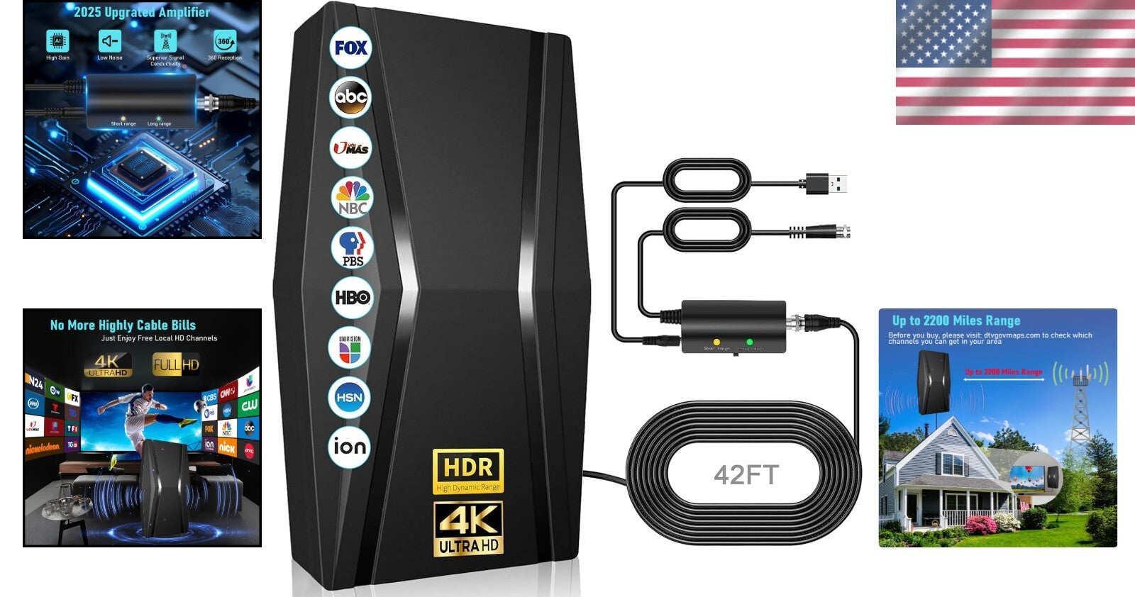 2200+ Miles Range Indoor Digital TV Antenna with Signal Booster & 1300 Channels