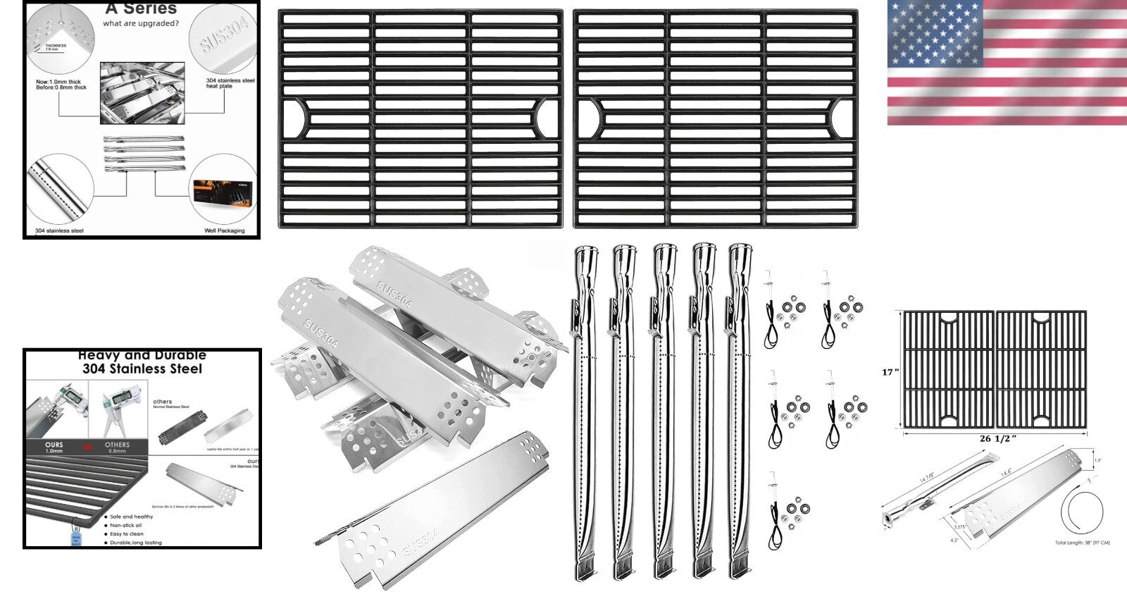 304 Stainless Steel Replacement Parts for Nexgrill 5 Burner Models - Durable