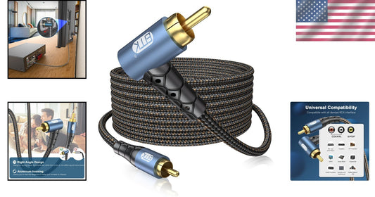 Premium 90 Degree RCA Subwoofer Cable - 24K Gold-Plated - 50ft for Hi-Fi Sound