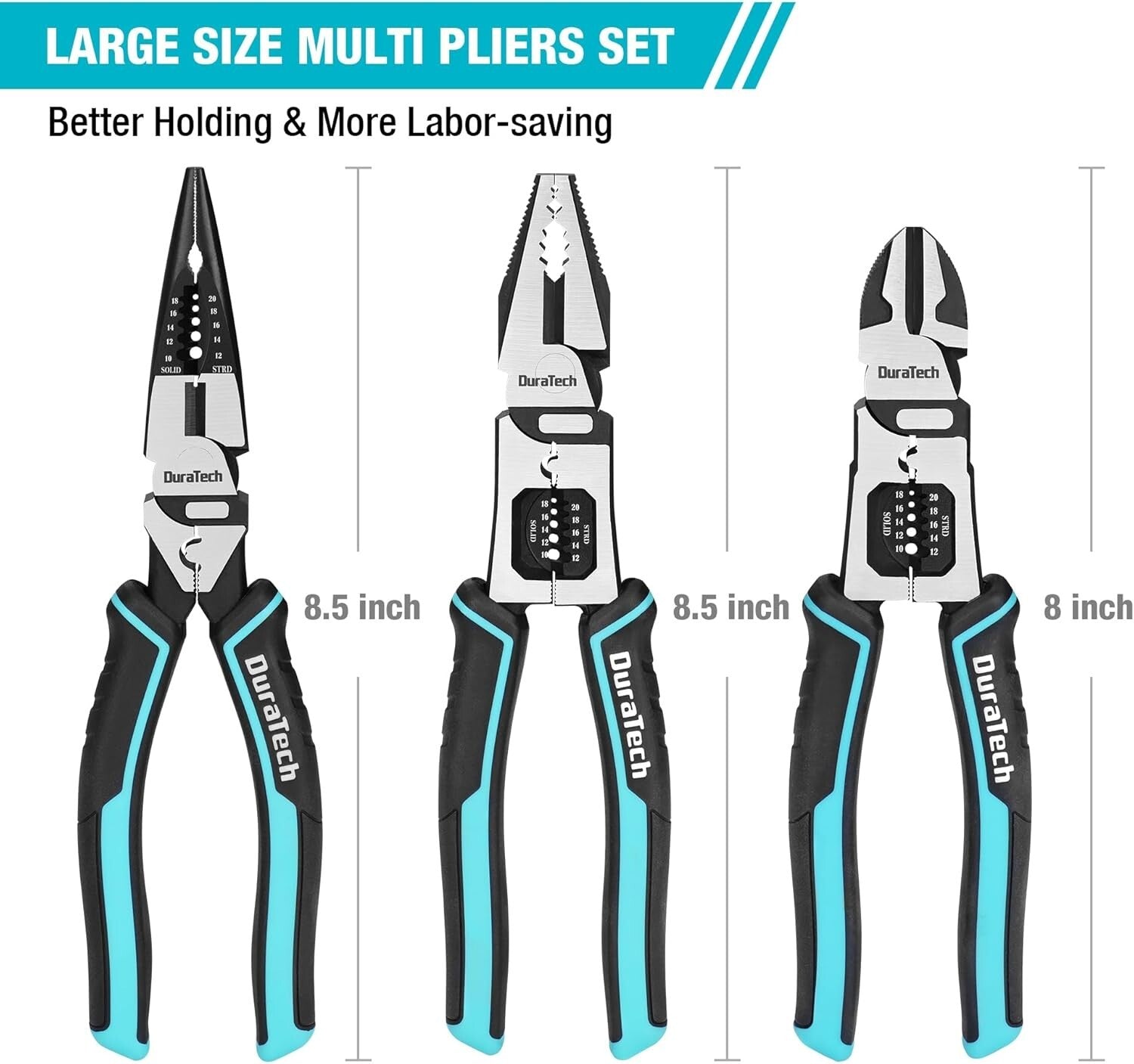 Ergonomic 3-Piece Pliers Set: 8.5" Lineman, Long Nose, and Diagonal Cutters