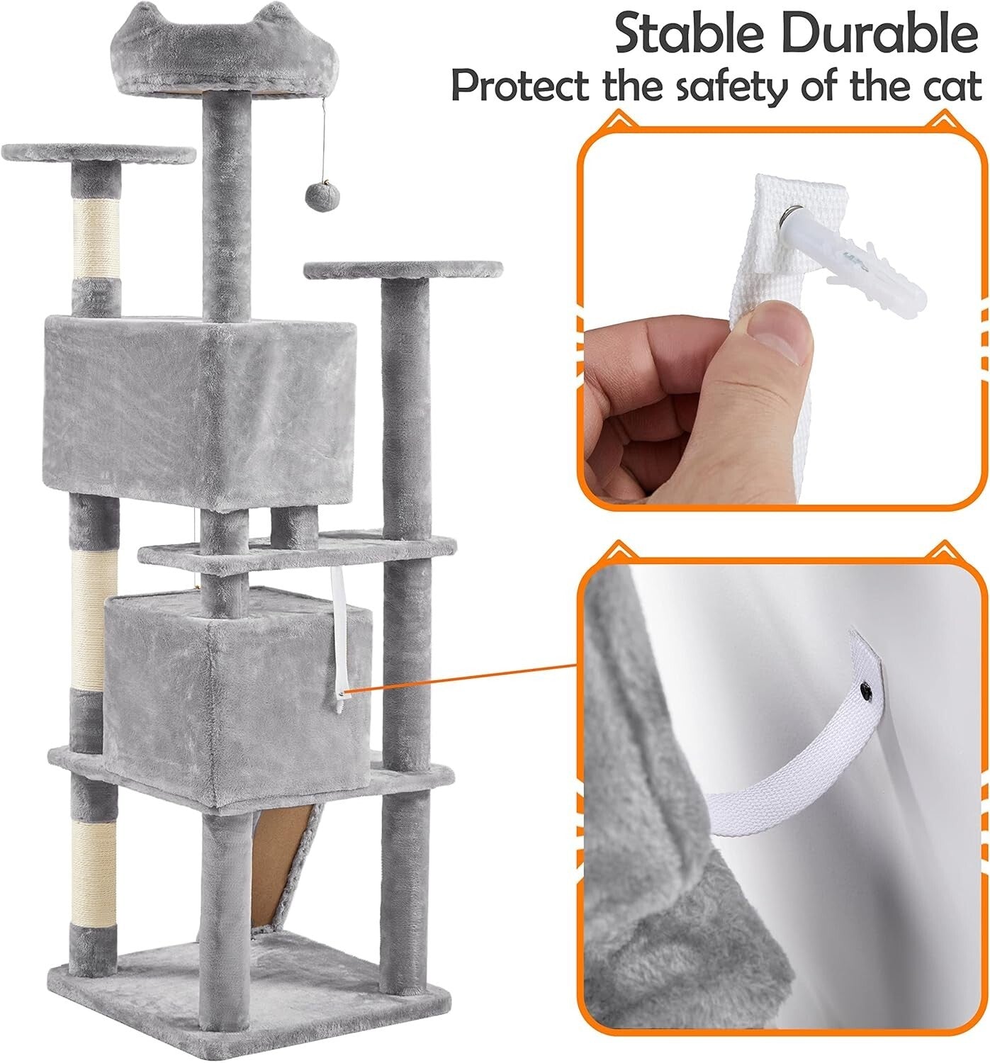 Light Gray Cat Condo with Three Platforms & Scratching Posts - Easy Assembly