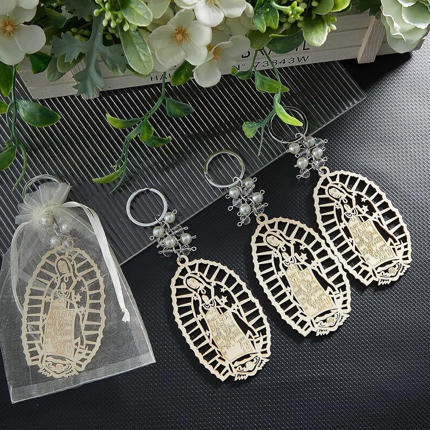 Set of 50 Our Lady of Guadalupe Wood Keychains in Organza Bags for Baptism