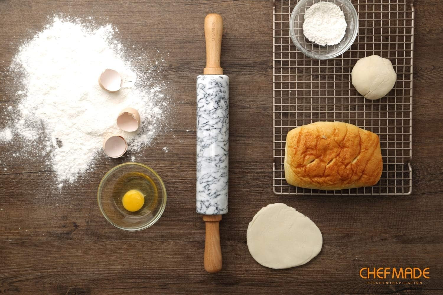 Elegant 18-Inch Marble Rolling Pin with Wooden Handles - Non-Stick Gray & White