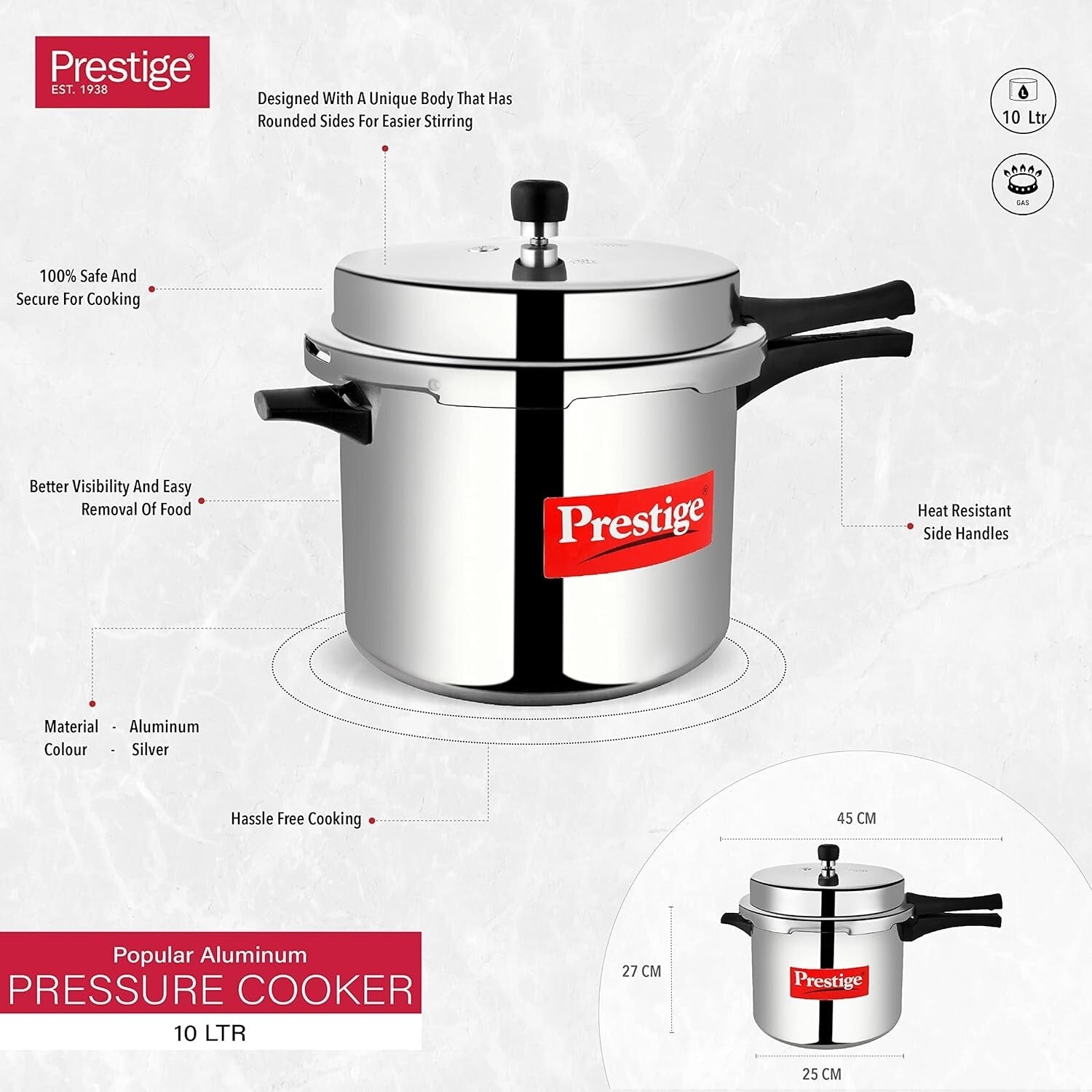 Efficient 10L Silver Pressure Cooker - Heavy-Duty Aluminum, Ergonomic Handles