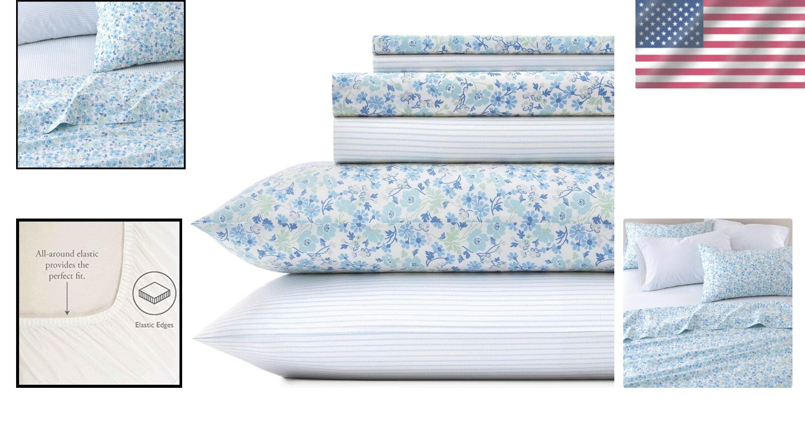 Chic 6-Piece Cotton Percale Set with Elegant Floral & Stripe Patterns - Queen