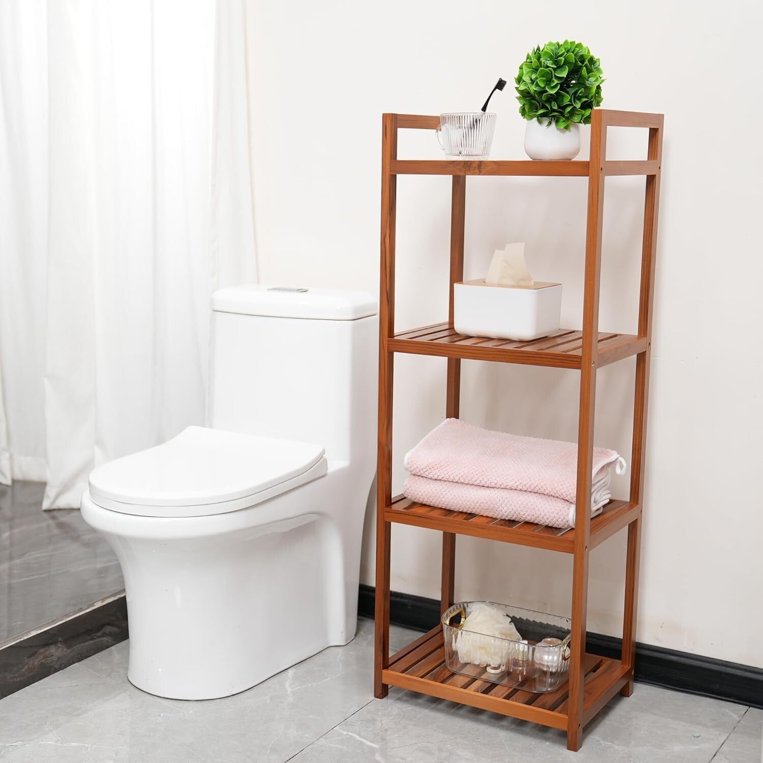 Elegant Freestanding Teak 4-Tier Bathroom and Kitchen Shelf - Easy Assembly