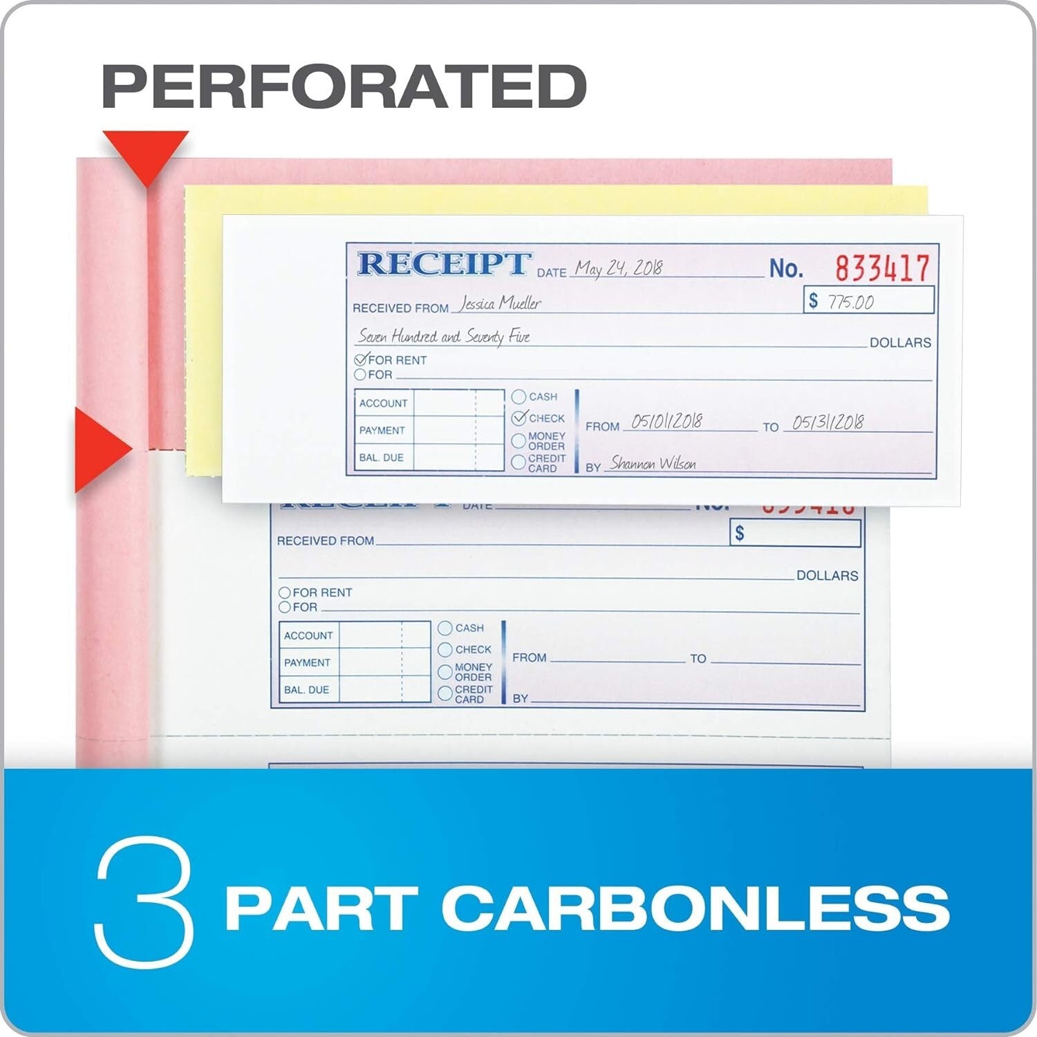 Durable 3-Part Carbonless Rent Receipt Books - 5-Pack with Wraparound Cover