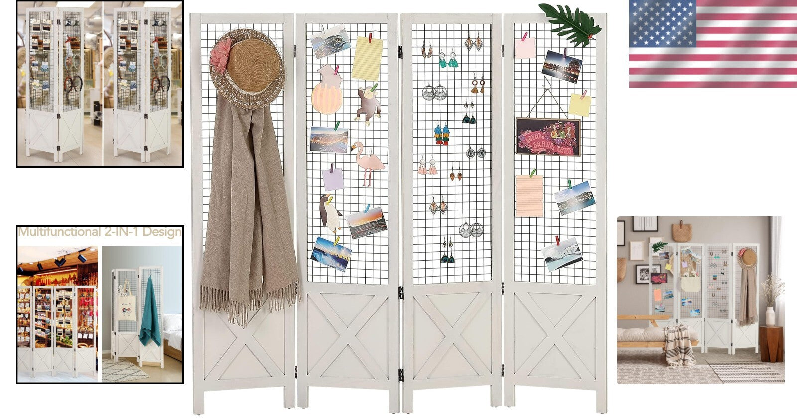 Multi-Use White Wood Room Divider & Display Board - 4 Panel Freestanding Design