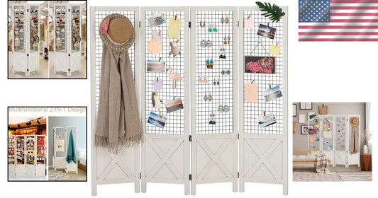Multi-Use White Wood Room Divider & Display Board - 4 Panel Freestanding Design