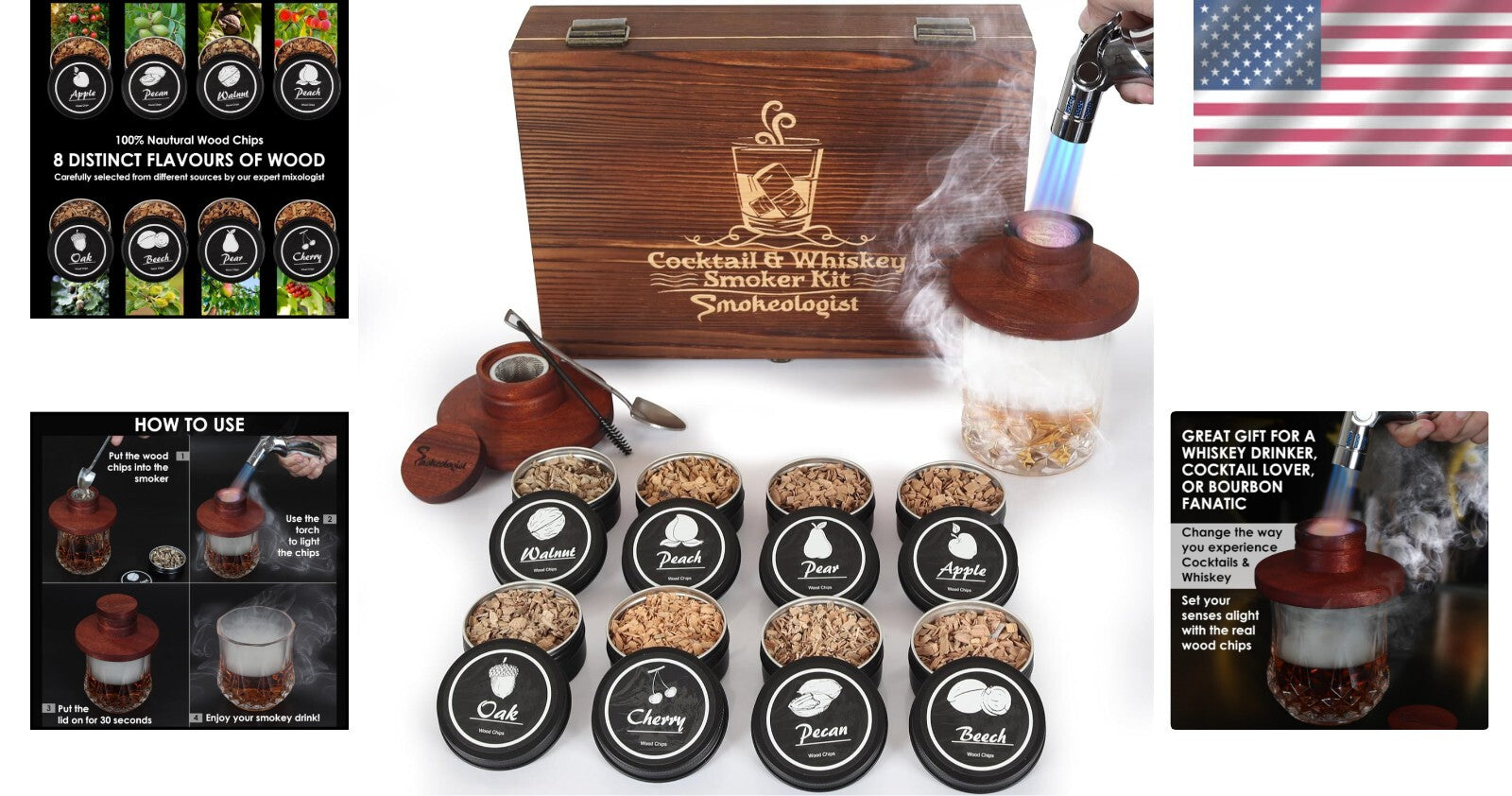 8 Flavor Whiskey Smoker Kit with Wooden Box - Elevate Your Drinking Experience