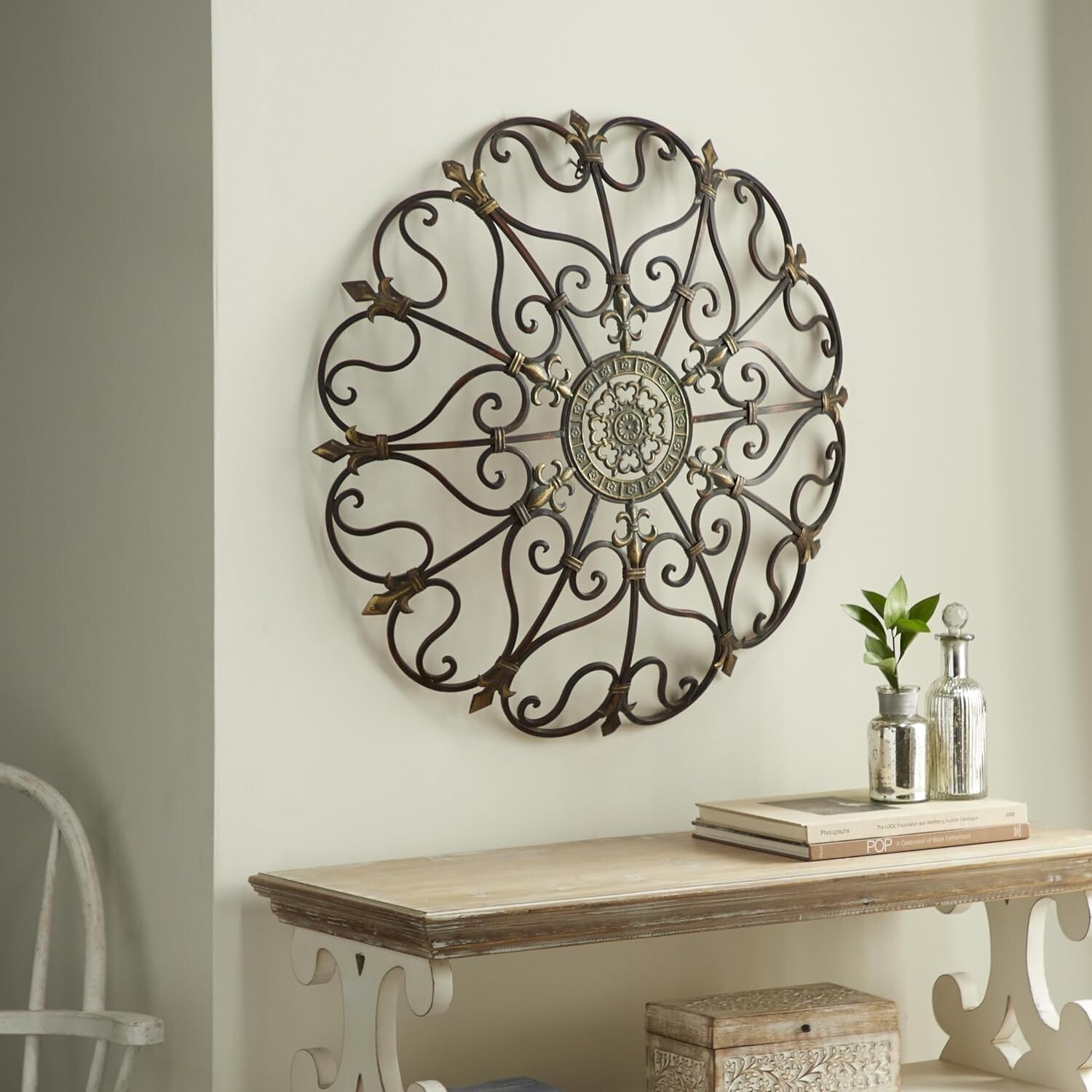 Antique-Inspired Metal Wall Decor - 29" Scroll Design for Living Rooms