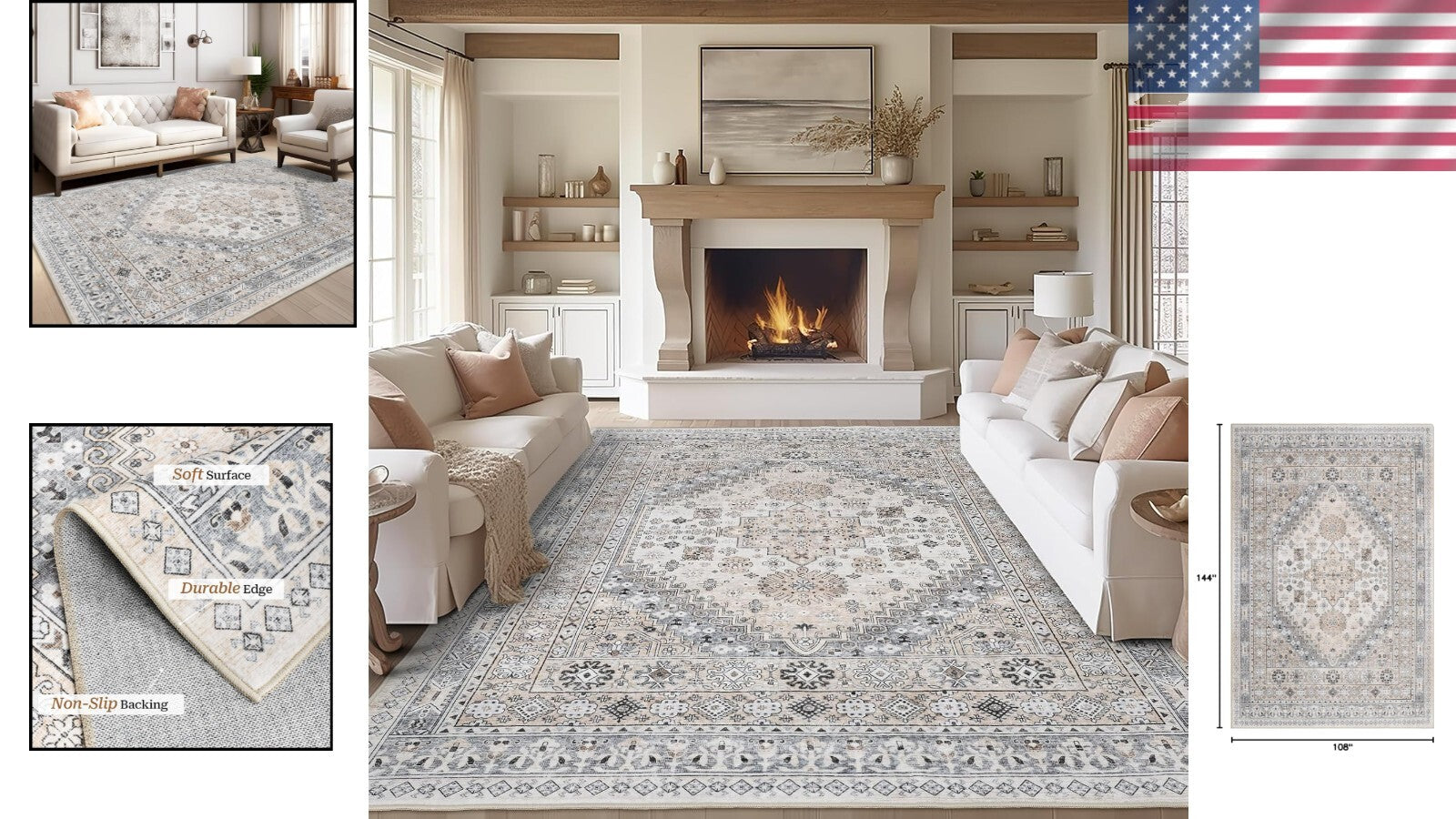 Stain Resistant 9' x 12' Area Rug: Lightweight, Non-Slip, Perfect for Families