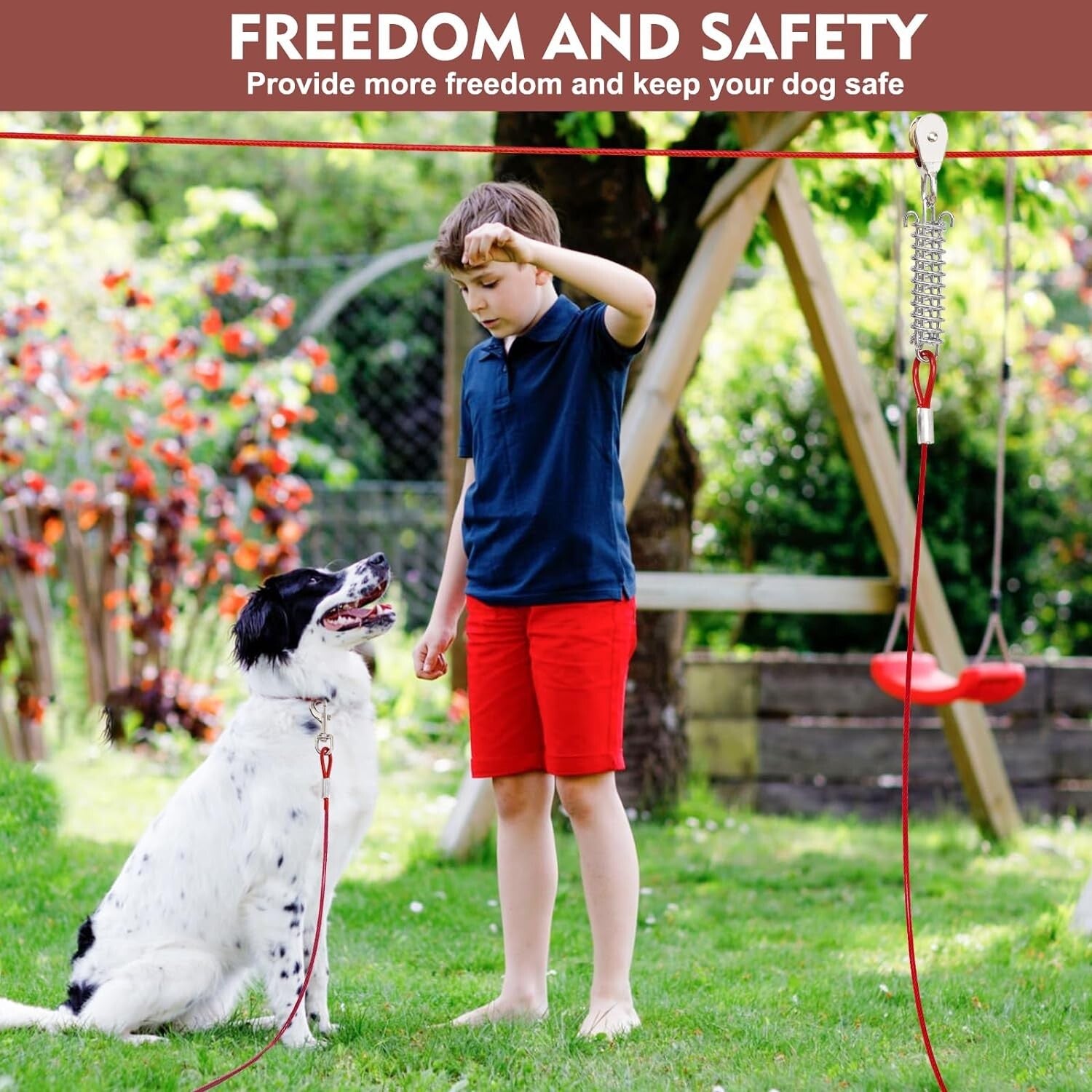 Durable Outdoor Dog Runner with Shock Absorbing Spring & Tangle-Free Clip