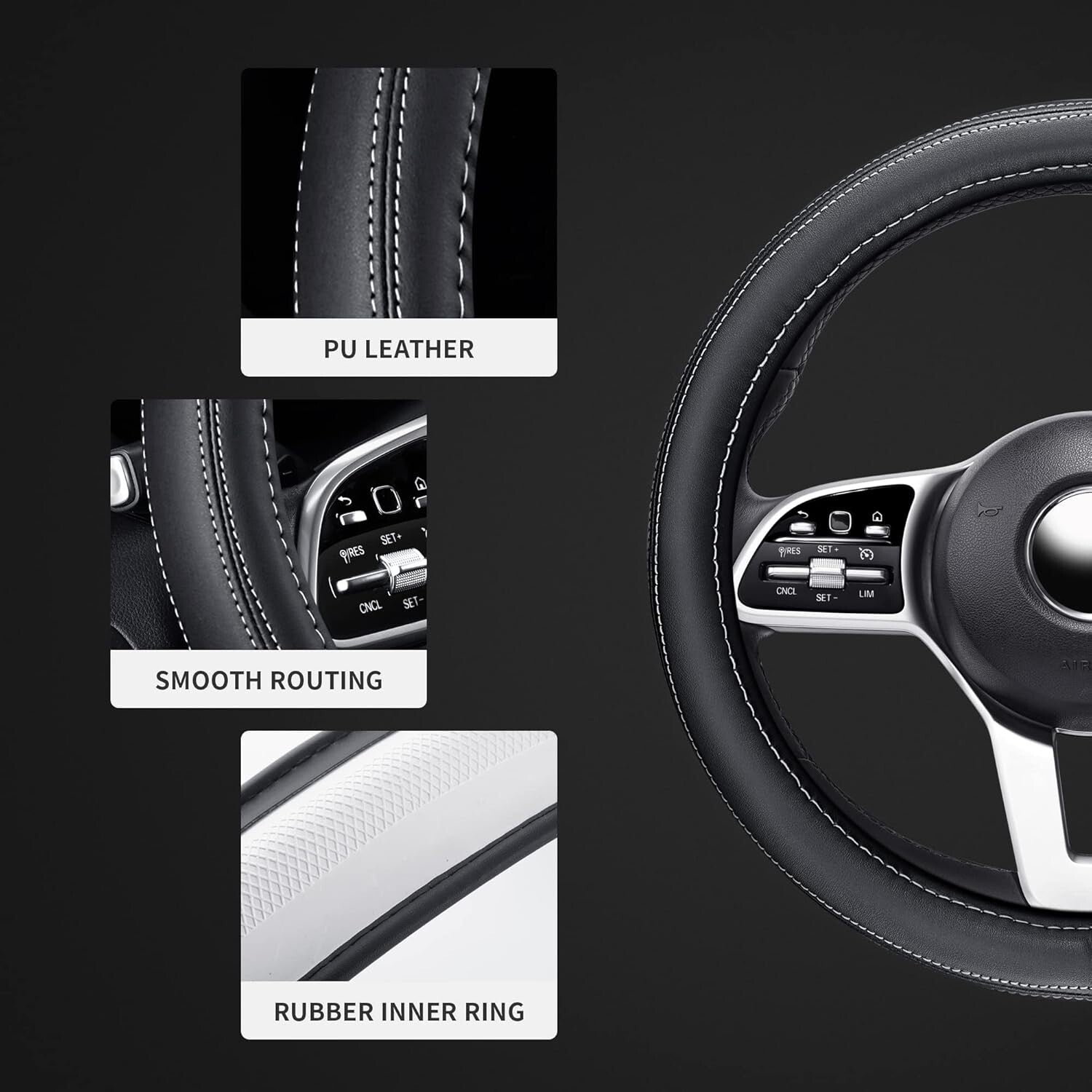 Comfortable Elastic 15" Steering Wheel Cover in Elegant Black & White - 2 Pack