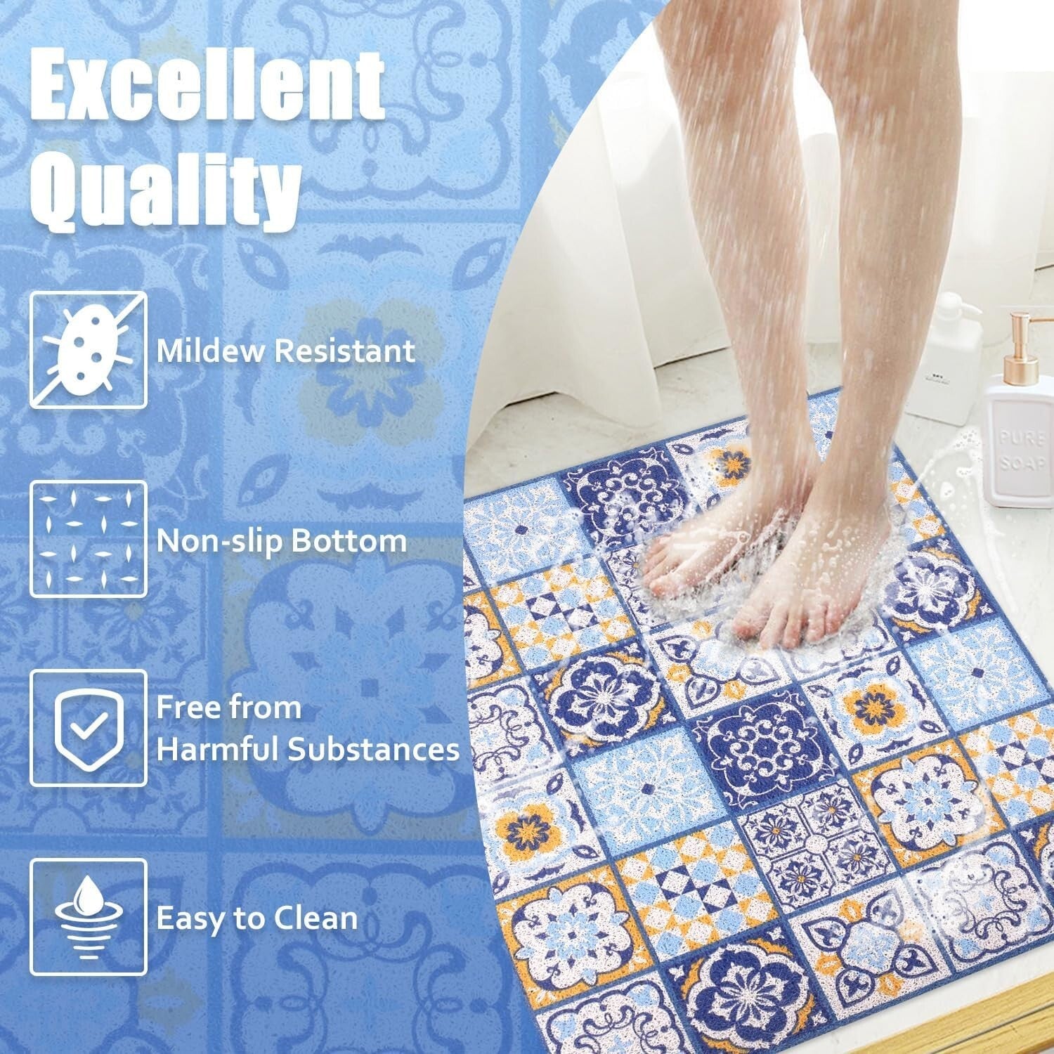 36x36 Non-Slip Shower Mat with Drainage Holes - Luxurious Moroccan Tile Design