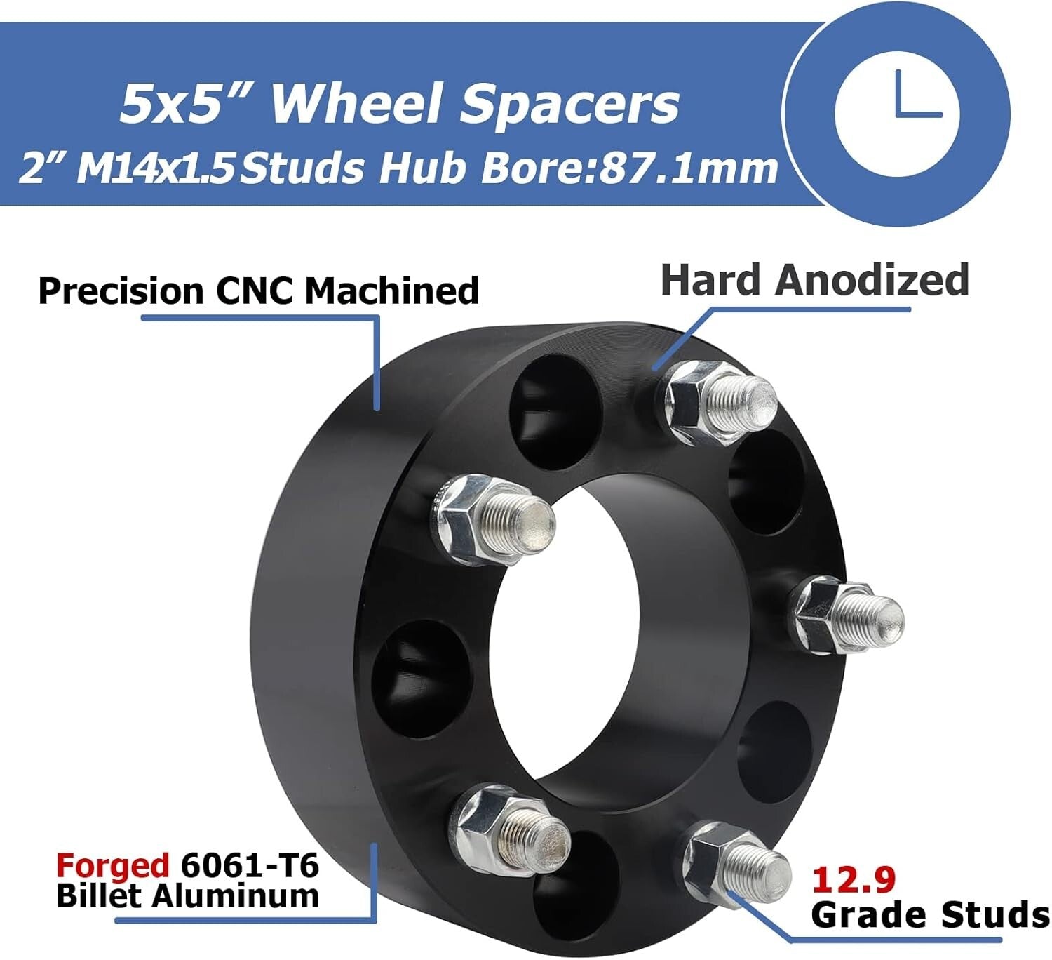 CNC Machined Black 2 Inch Wheel Spacers with Forged 6061-T6 Aluminum - Set of 4