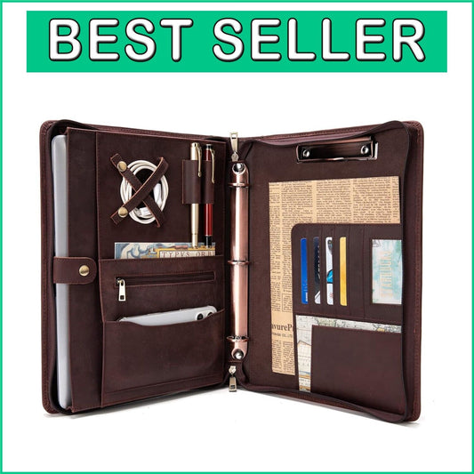 Elegant 3-Ring Leather Padfolio with Tablet Holder - Perfect for Business Trips