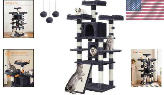 Multi-Level Cat Tree for All Breeds – Cozy 67 Inches of Smoky Gray Comfort