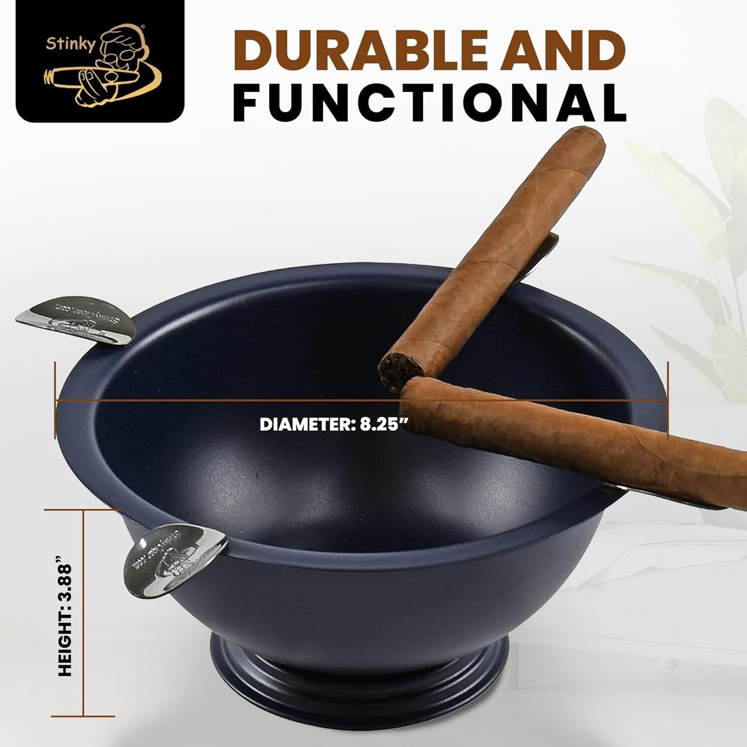 Cigar Lover's Choice: Large 8" Windproof Matte Blue Ashtray with Stirrup Support