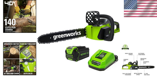 Efficient 40V 16-Inch Brushless Cordless Chainsaw with Battery & Charger
