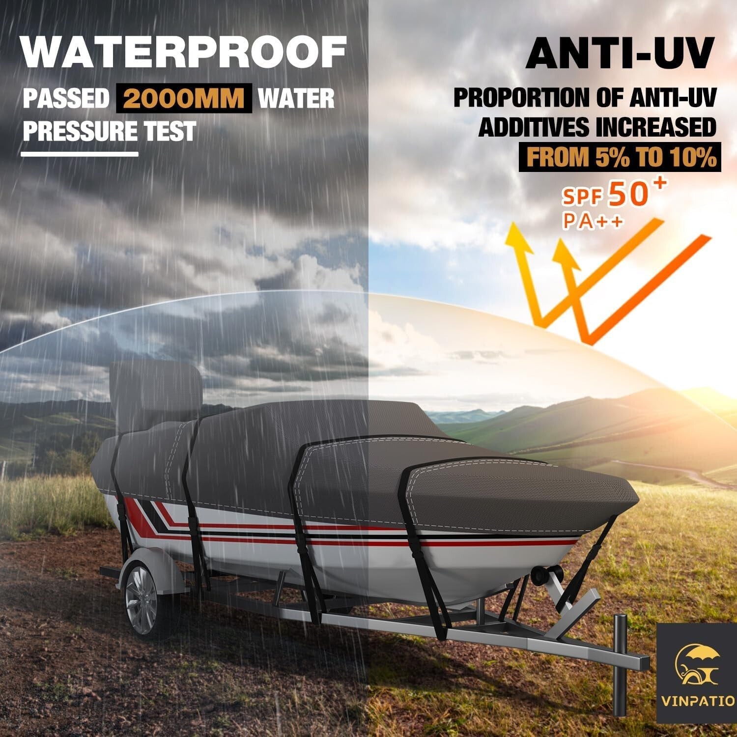 Durable Water-Resistant Boat Cover for 24-26 ft V-Hull Boats - 3 Year Warranty