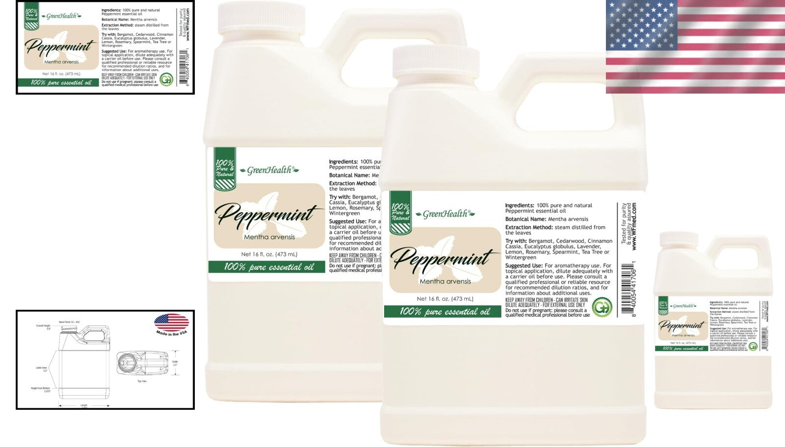 Natural & Uncut Peppermint Essential Oil - 2 x 16 fl oz with Child-Resistant Cap