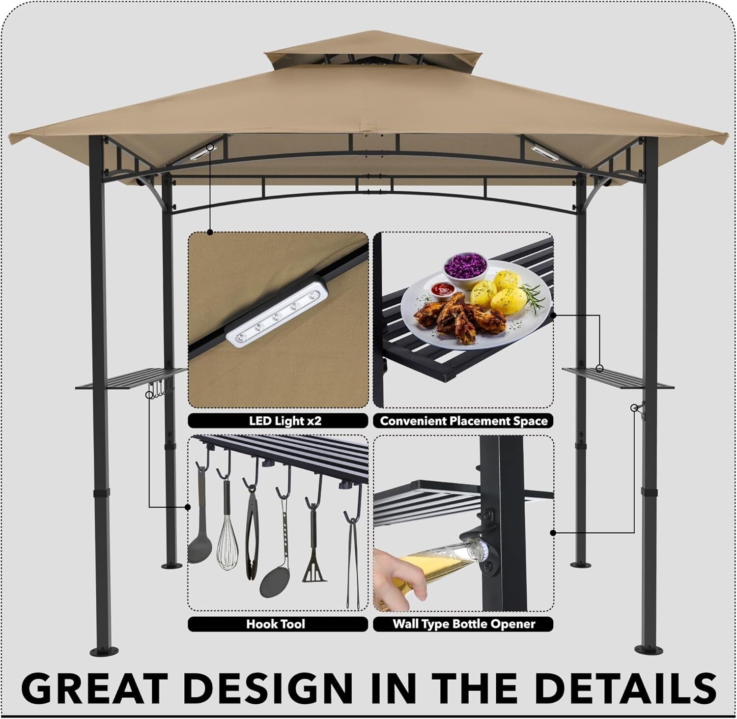 Elegant 8 x 5 Outdoor Canopy Grill Gazebo with Two Shelves and LED Lighting