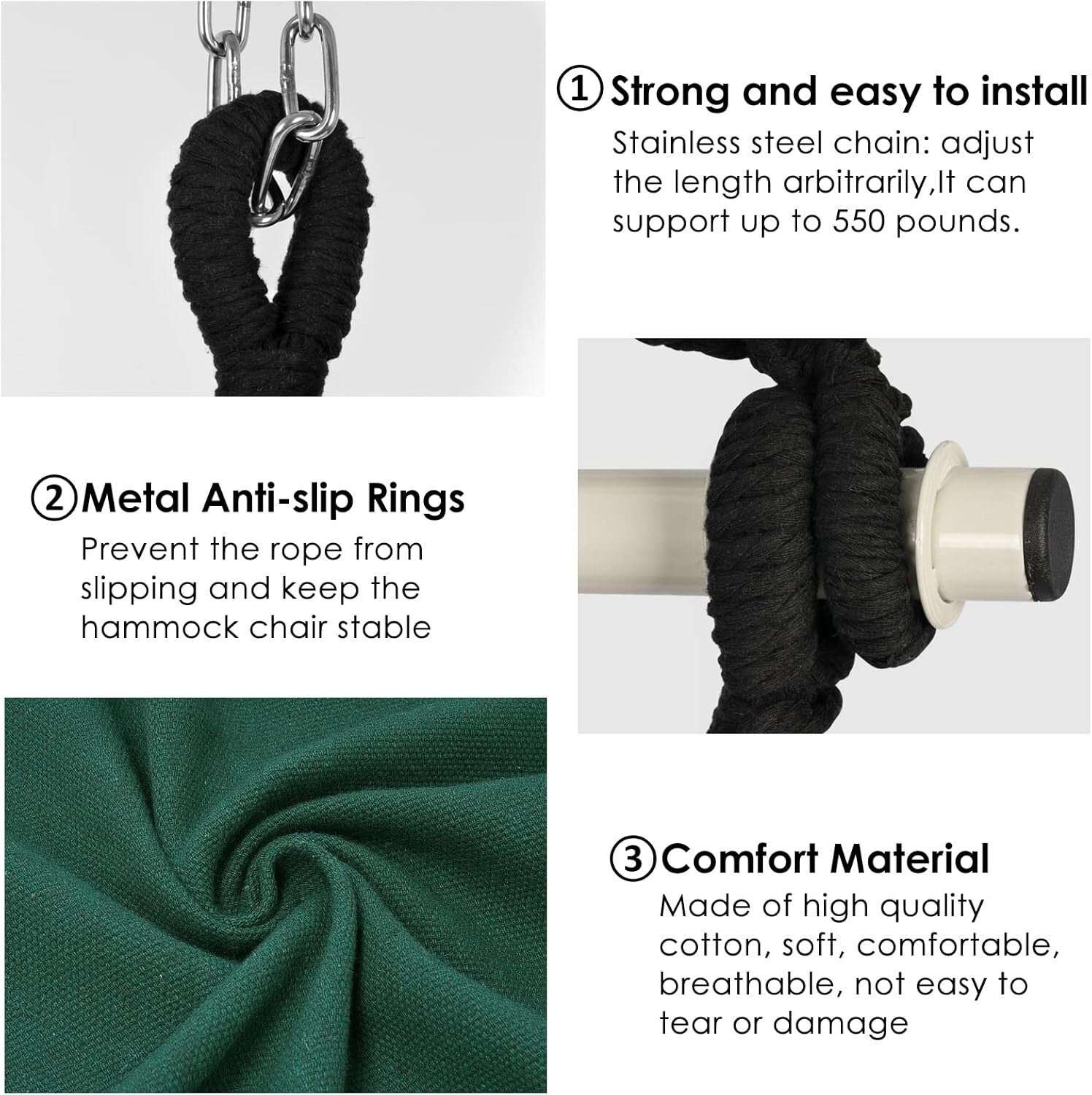 Comfortable Macrame Hanging Chair with Cushions & Side Pocket - Up to 500 lbs