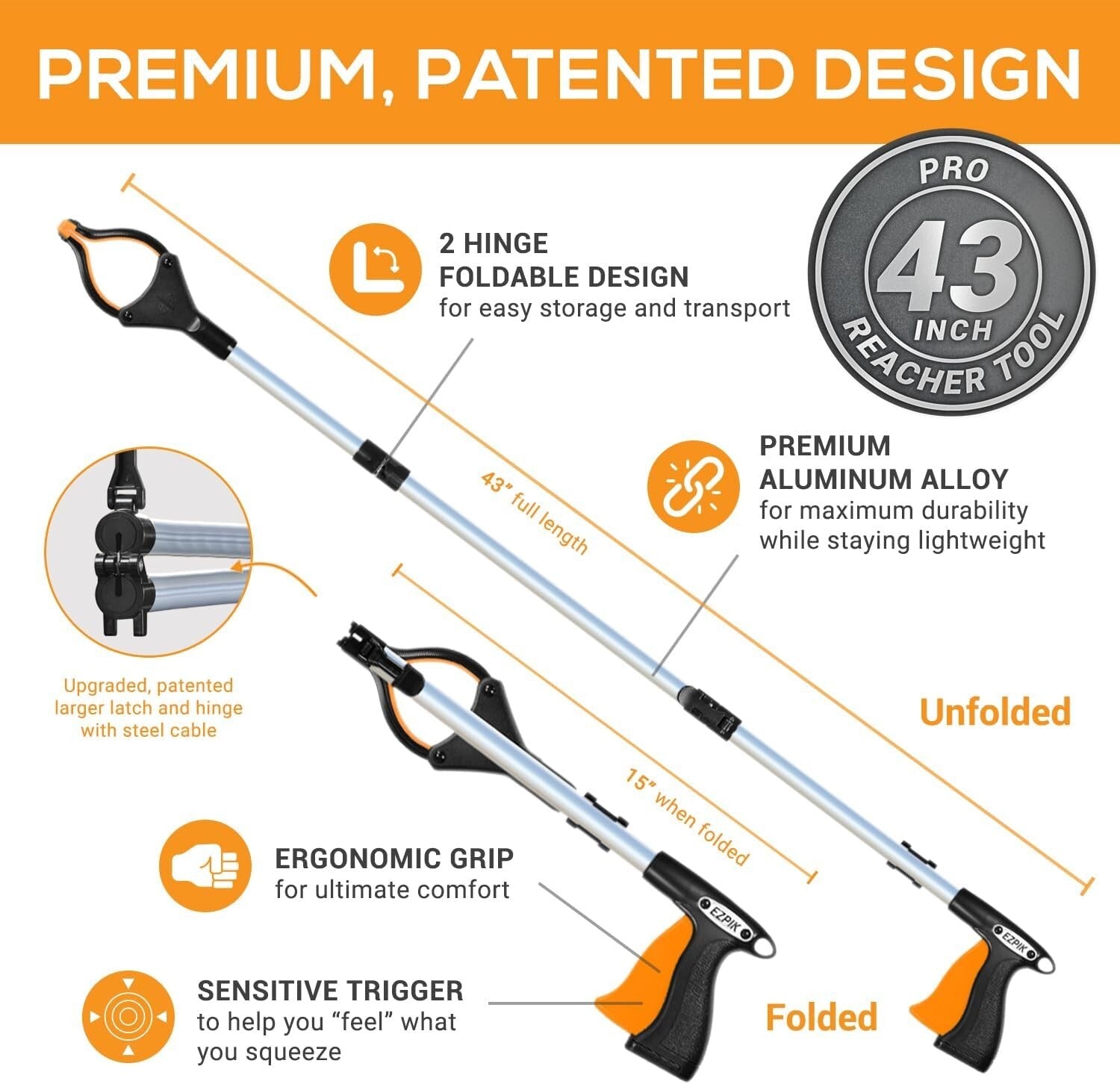 Foldable Grabber Reacher 2-Pack - 43-Inch Heavy Duty Tool for Easy Reaching