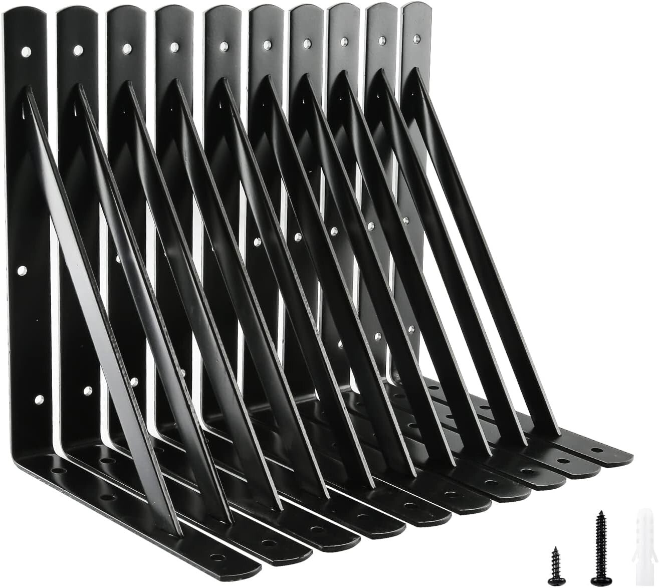 Durable Black Steel Shelf Brackets, 10-Pack 12" x 8" Heavy Duty 600 lb Support
