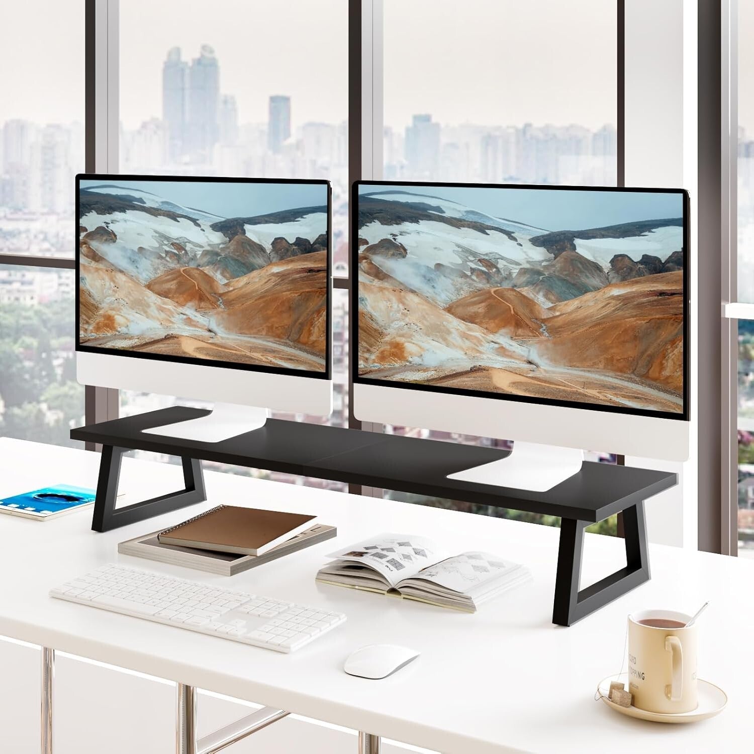 Ergonomic Black Wood and Steel Monitor Stand - Easy Assemble & 150 lbs Capacity