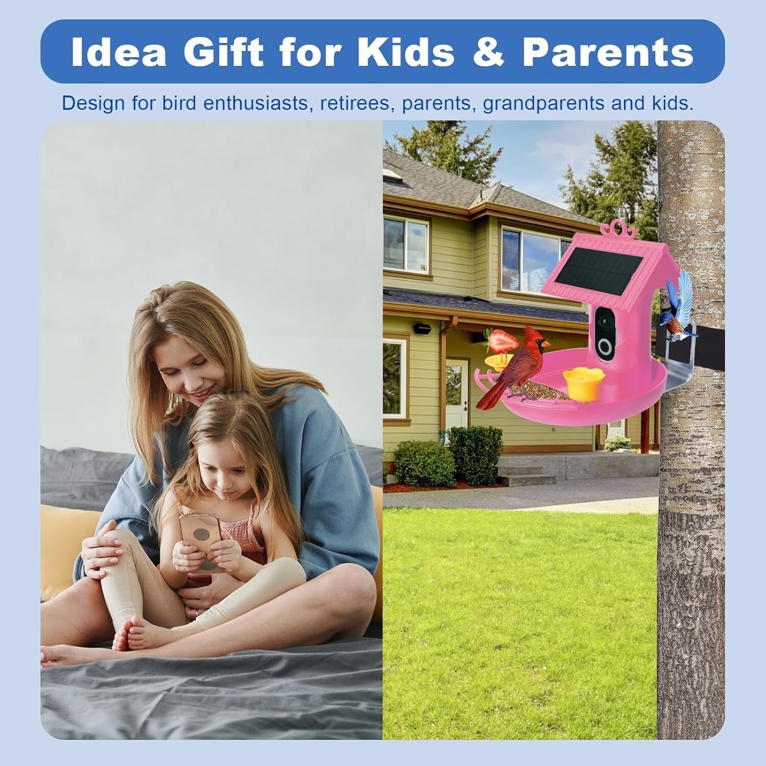 Smart Solar-Powered Bird Feeder with AI Recognition & Built-In Camera – Pink