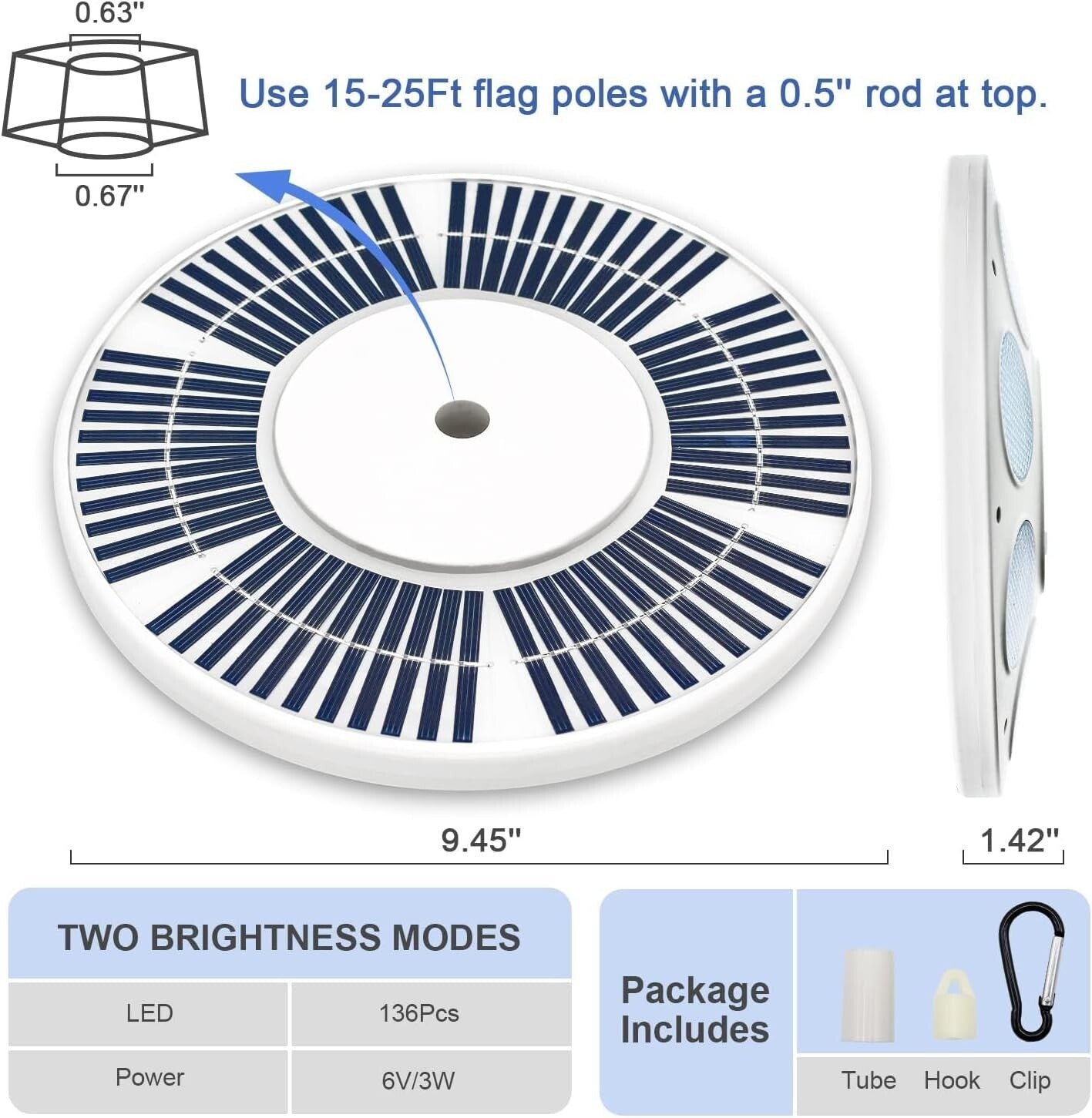 Sleek Solar-Powered Flag Pole Light with 136 LEDs for Patriotic Displays