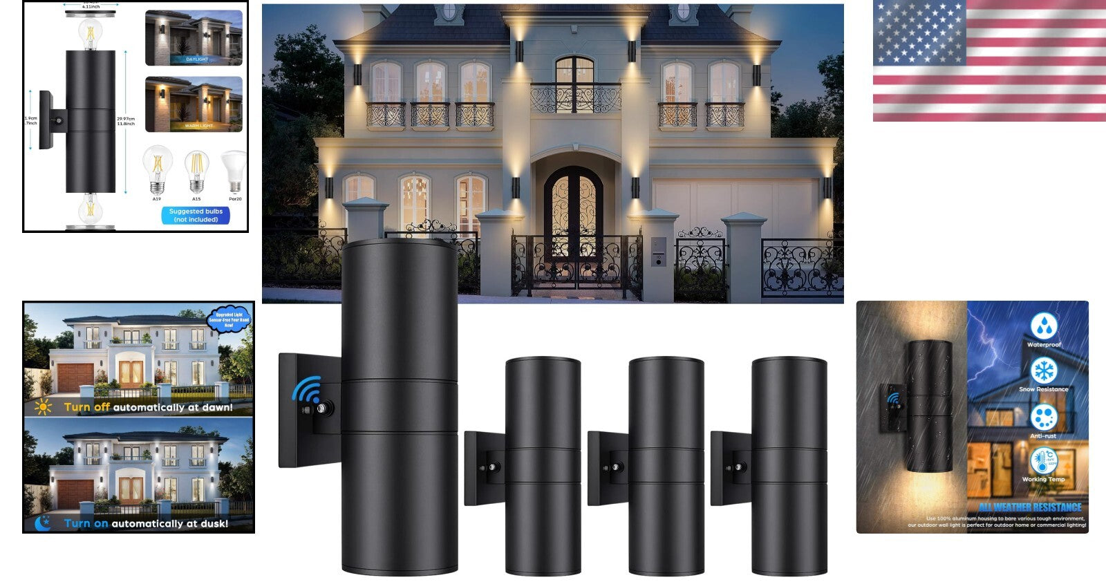 Weatherproof 4-Pack Black Up and Down Wall Sconces for Modern Outdoor Spaces